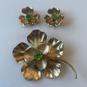 Gold tone Green Rhinestone Brooch & Clip Earring Set